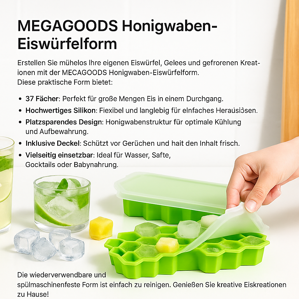 Eiswürfelform 37 Fächer Wabenform mit Deckel BPA-frei DE.