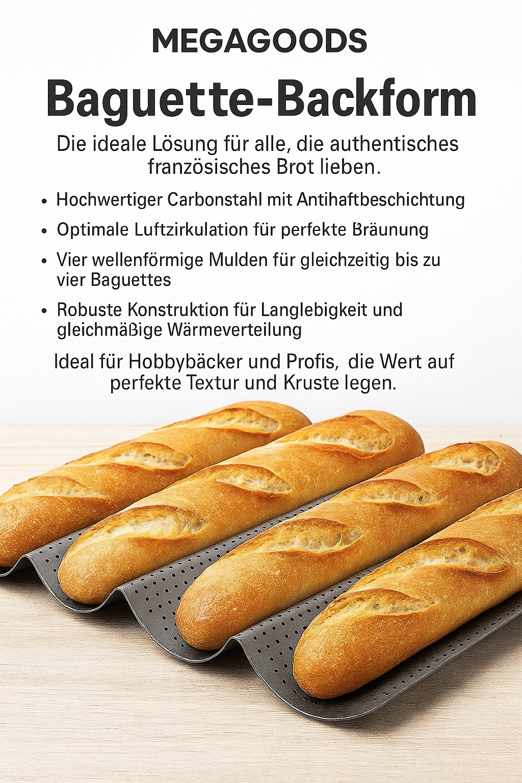 Baguettebackform antihaft 4 Wellen Carbonstahl perforiert DE.