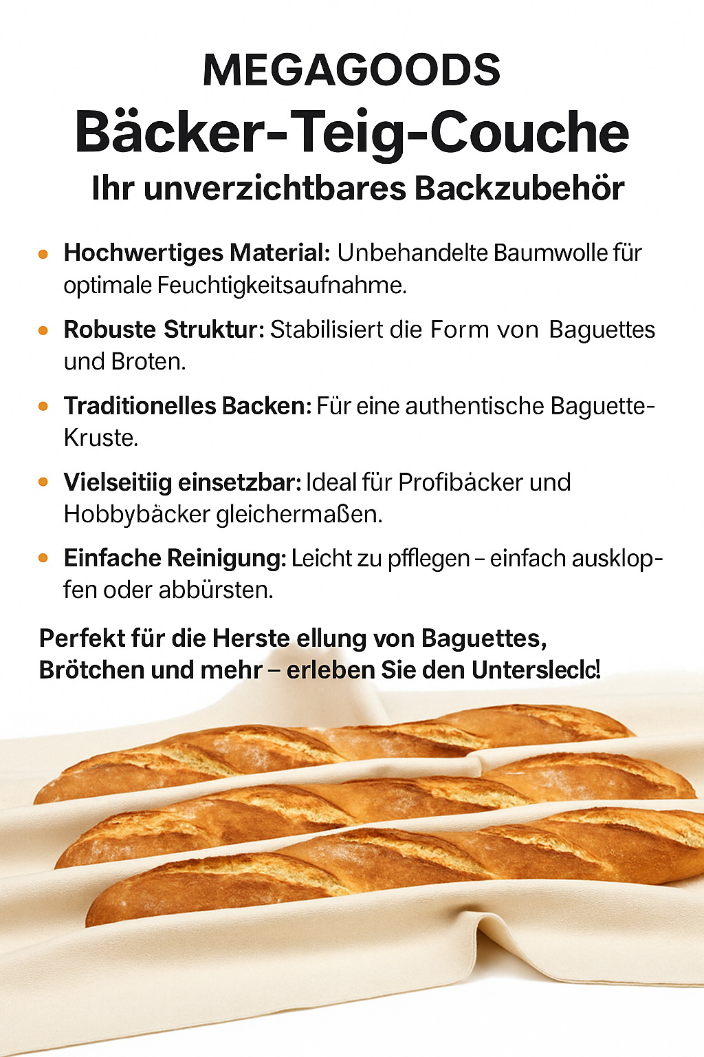 Brotbacktuch 100 % Baumwolle Gärtuch für Baguette und Teig DE.