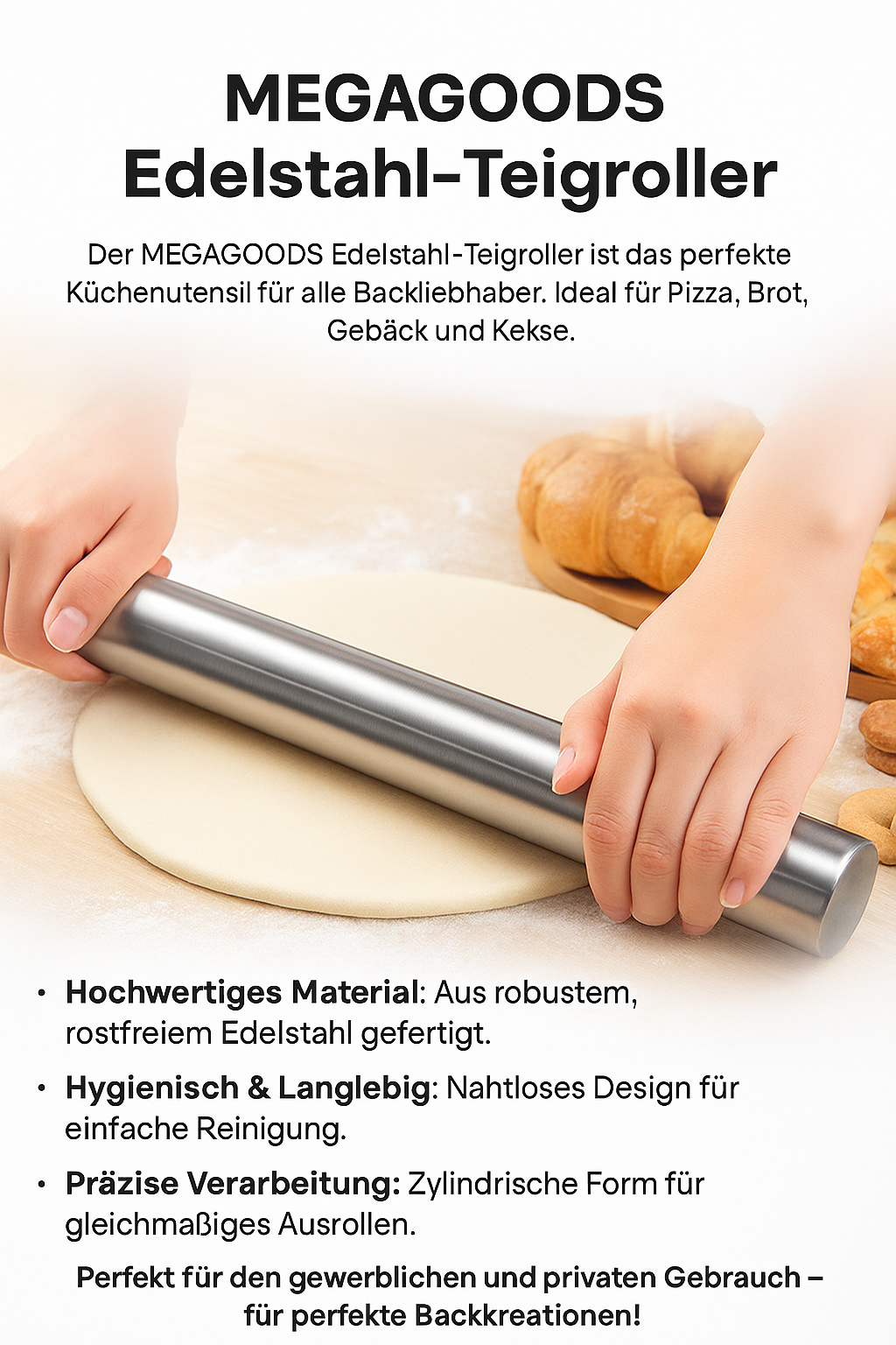 Edelstahl Teigroller Antihaft Backzubehör für Pizza und Gebäck DE.