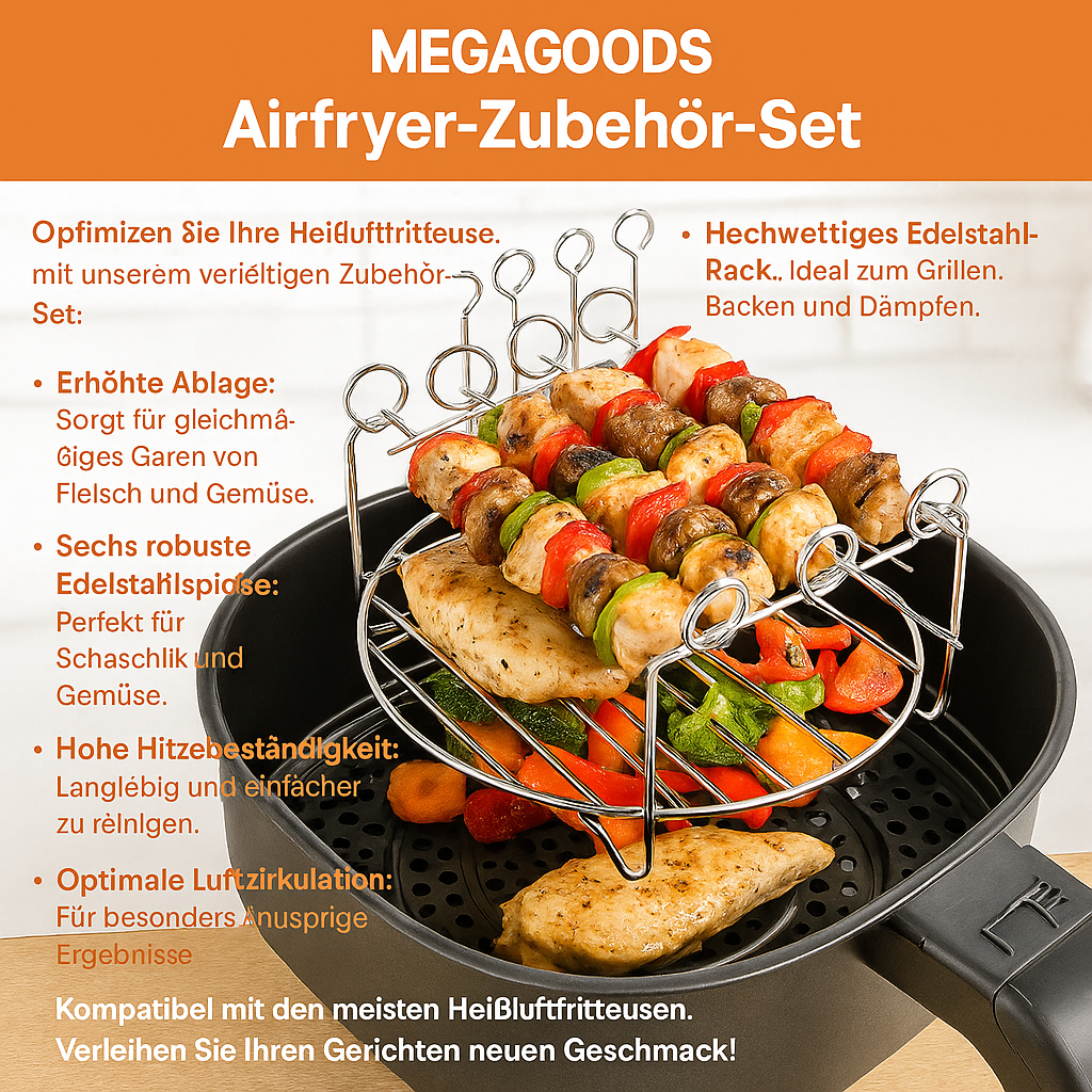 Airfryer Zubehör Set Edelstahl Grill Backform Spießhalter Dampfrost BBQ DE.