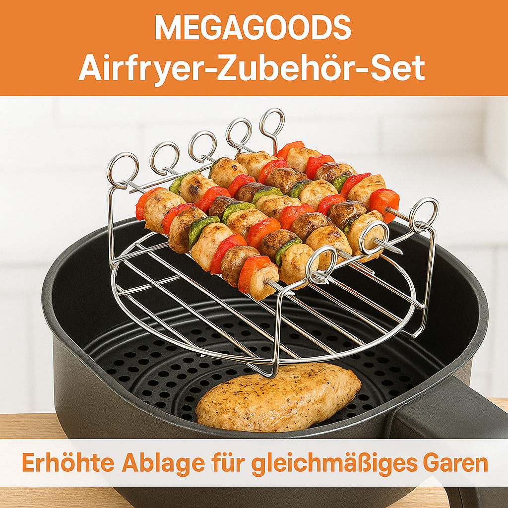 Airfryer Zubehör Set Edelstahl Grill Backform Spießhalter Dampfrost BBQ DE.