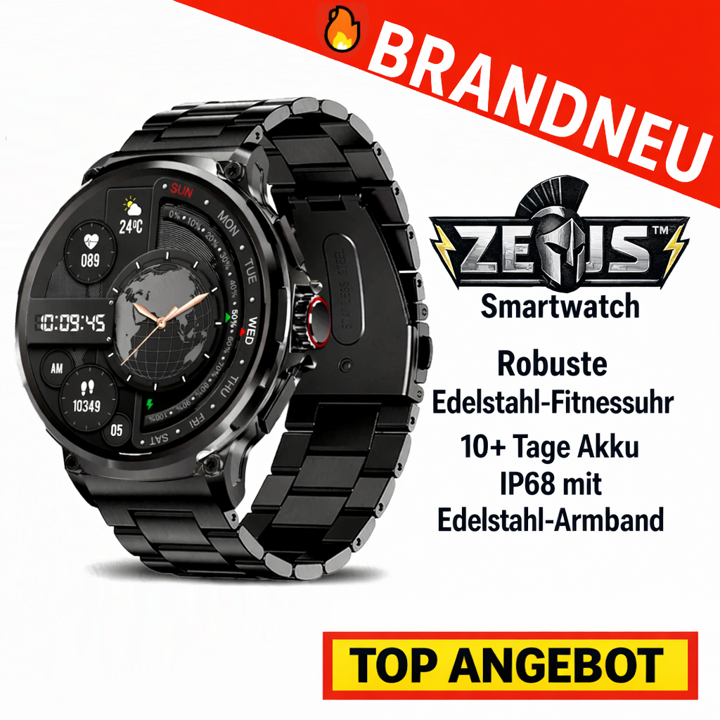 ZEUS™ Smartwatch – Robuste Edelstahl‑Fitnessuhr, 10+ Tage Akku, IP68 mit Black Steel Armband