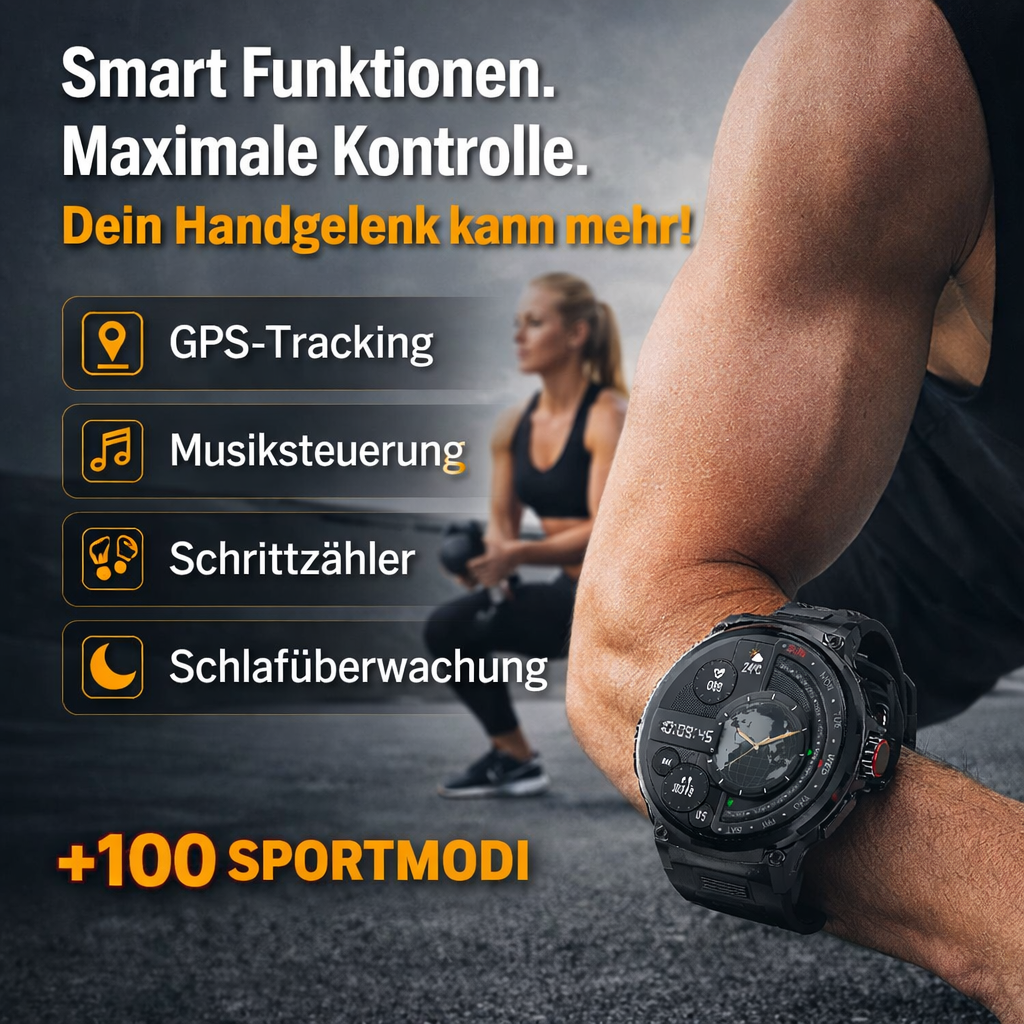 ZEUS™ Smartwatch – Robuste Edelstahl‑Fitnessuhr, 10+ Tage Akku, IP68 mit Black Steel Armband