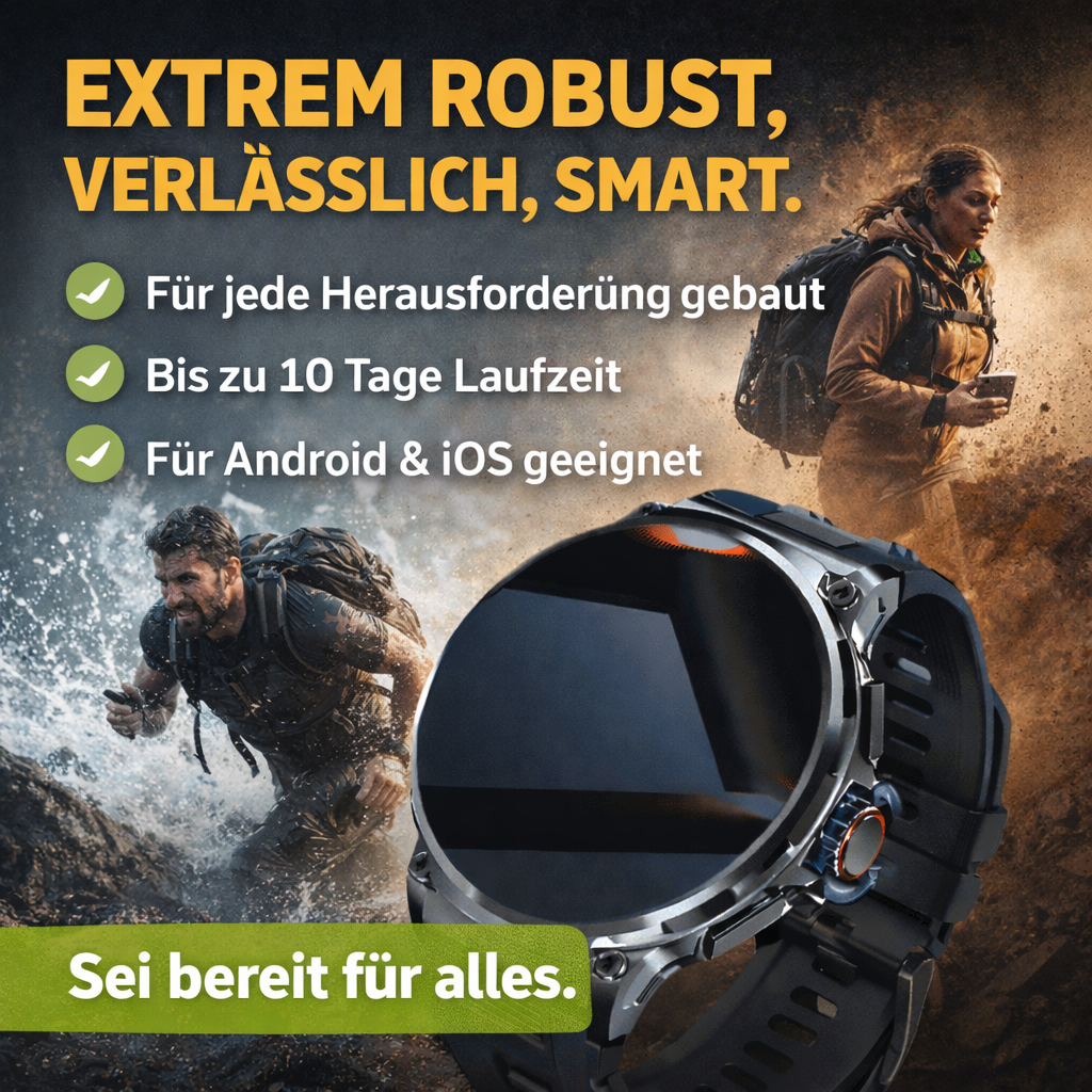 ZEUS™ Smartwatch – Robuste Edelstahl‑Fitnessuhr, 10+ Tage Akku, IP68 mit Black Steel Armband
