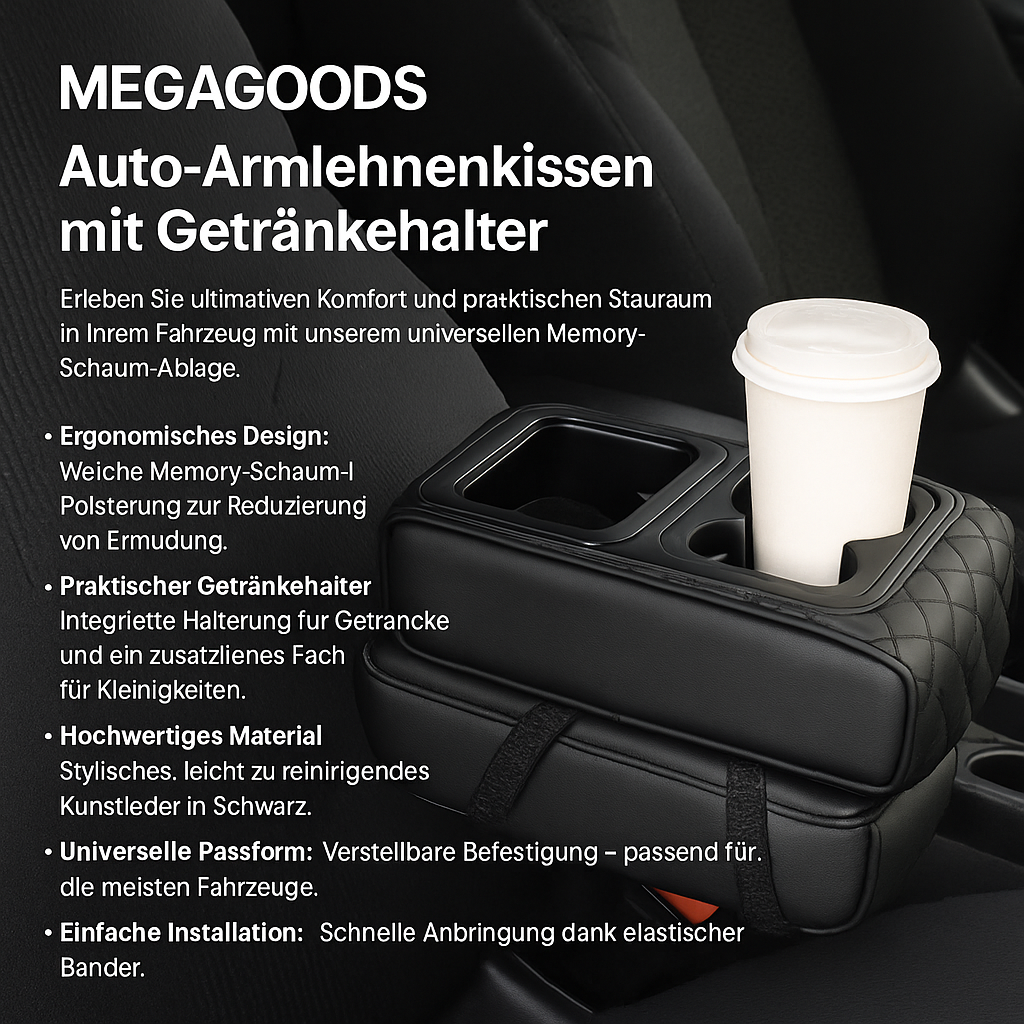 Auto Armlehnenkissen Memory Foam mit Getränkehalter universell DE.
