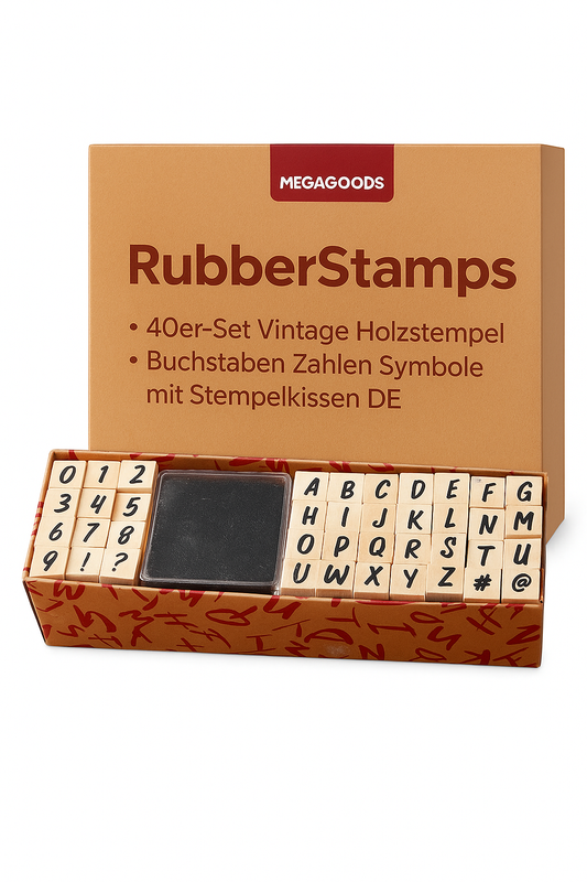 40er-Set Vintage Holzstempel Buchstaben Zahlen Symbole mit Stempelkissen DE.