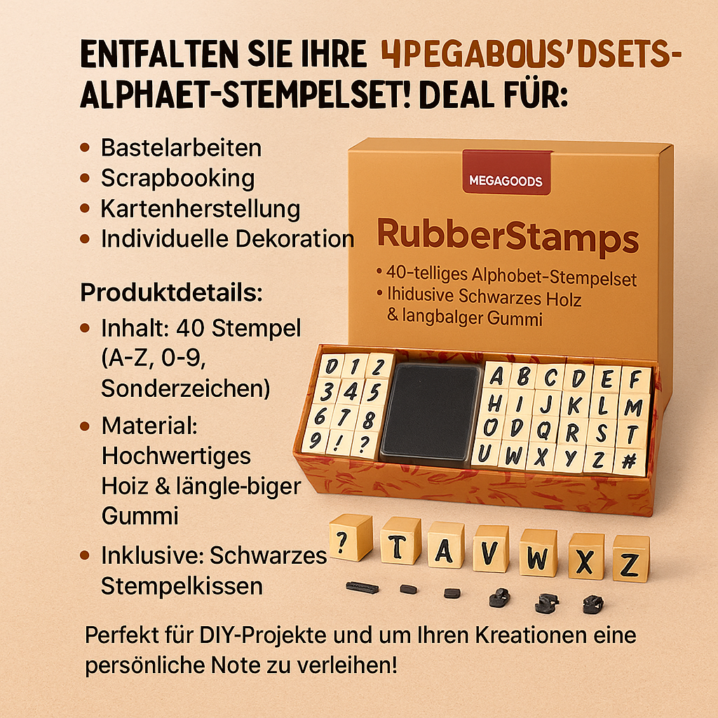 40er-Set Vintage Holzstempel Buchstaben Zahlen Symbole mit Stempelkissen DE.