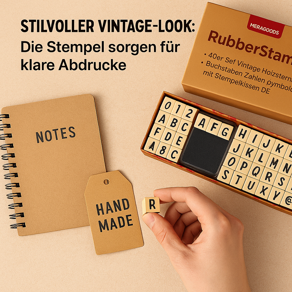 40er-Set Vintage Holzstempel Buchstaben Zahlen Symbole mit Stempelkissen DE.