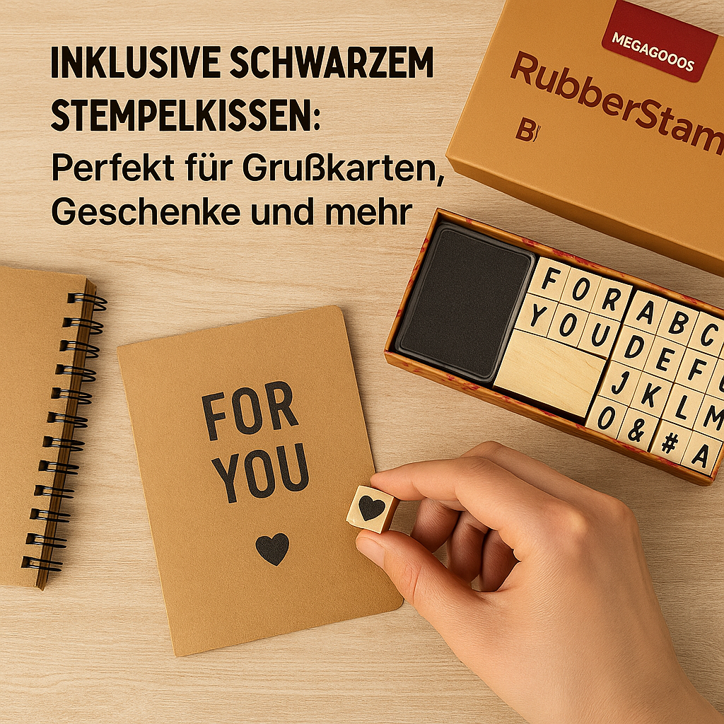 40er-Set Vintage Holzstempel Buchstaben Zahlen Symbole mit Stempelkissen DE.