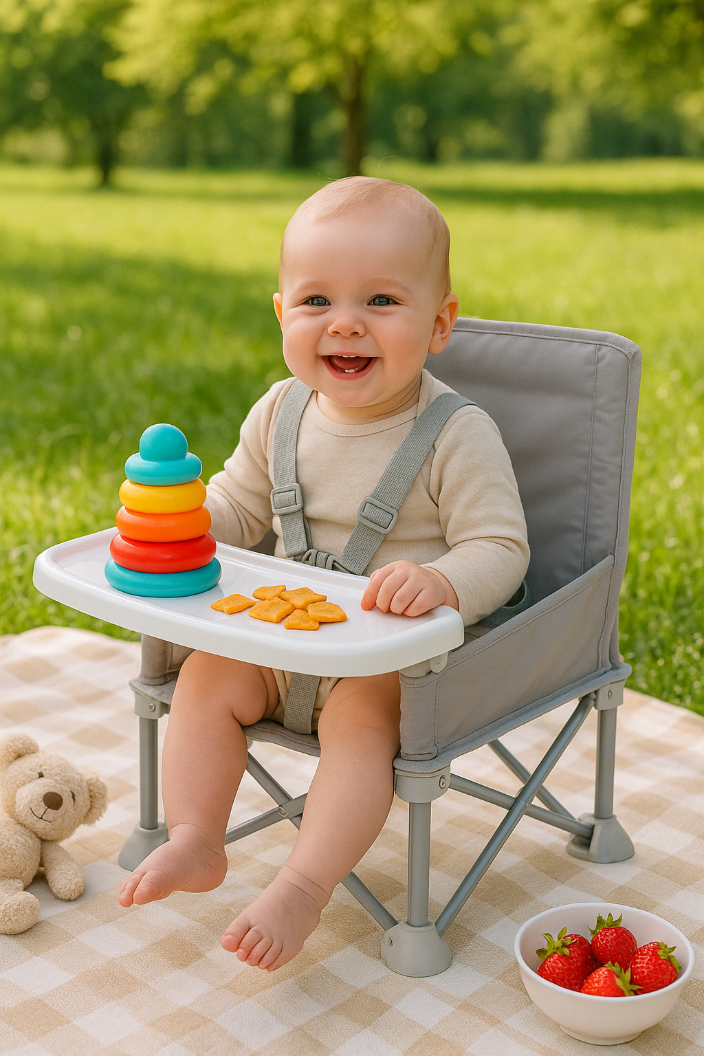 Klappbarer Babystuhl tragbar Alu mit Gurt für Reise Camping DE.