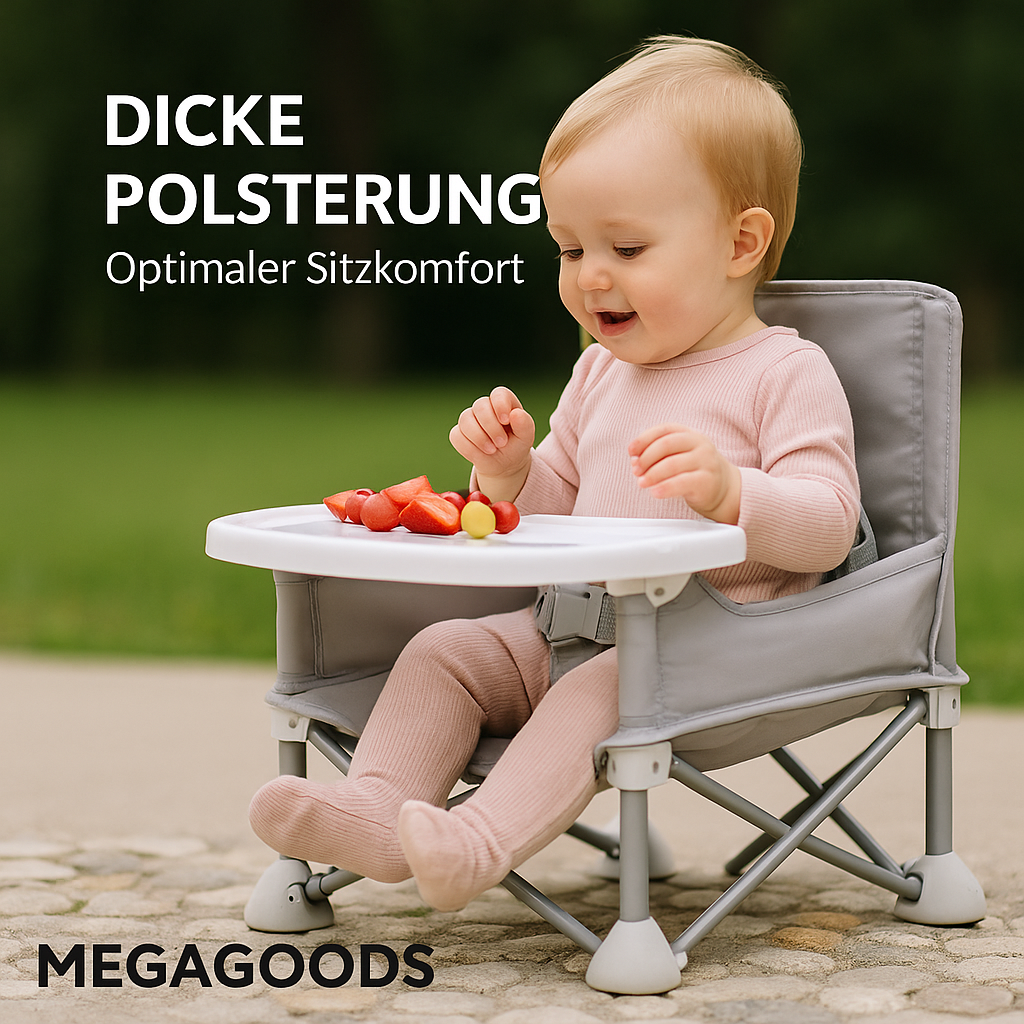 Klappbarer Babystuhl tragbar Alu mit Gurt für Reise Camping DE.
