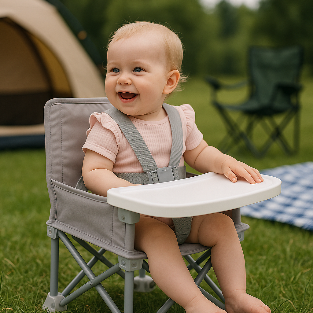 Klappbarer Babystuhl tragbar Alu mit Gurt für Reise Camping DE.