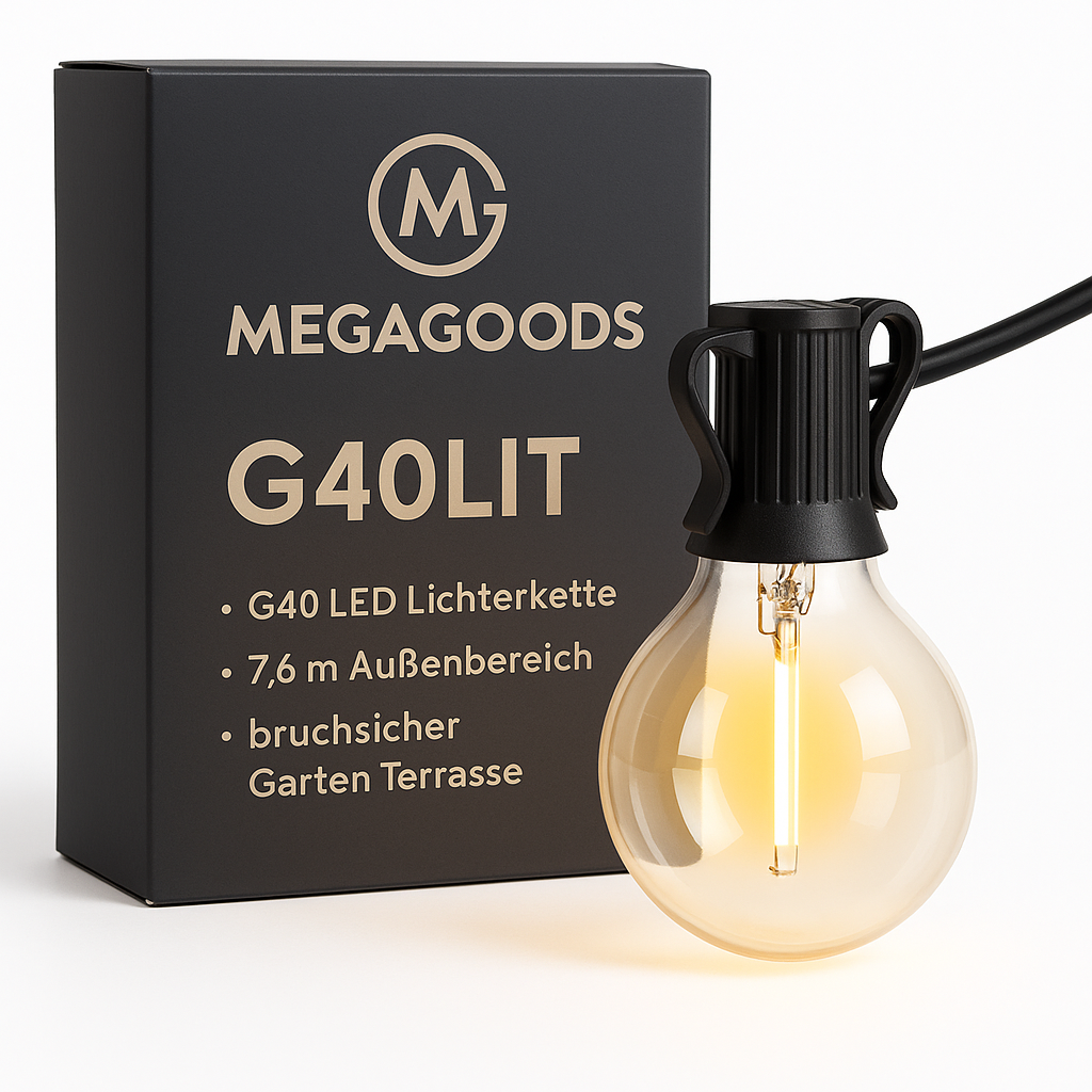 G40 LED Lichterkette 7,6M Außenbereich bruchsicher Garten Terrasse DE.