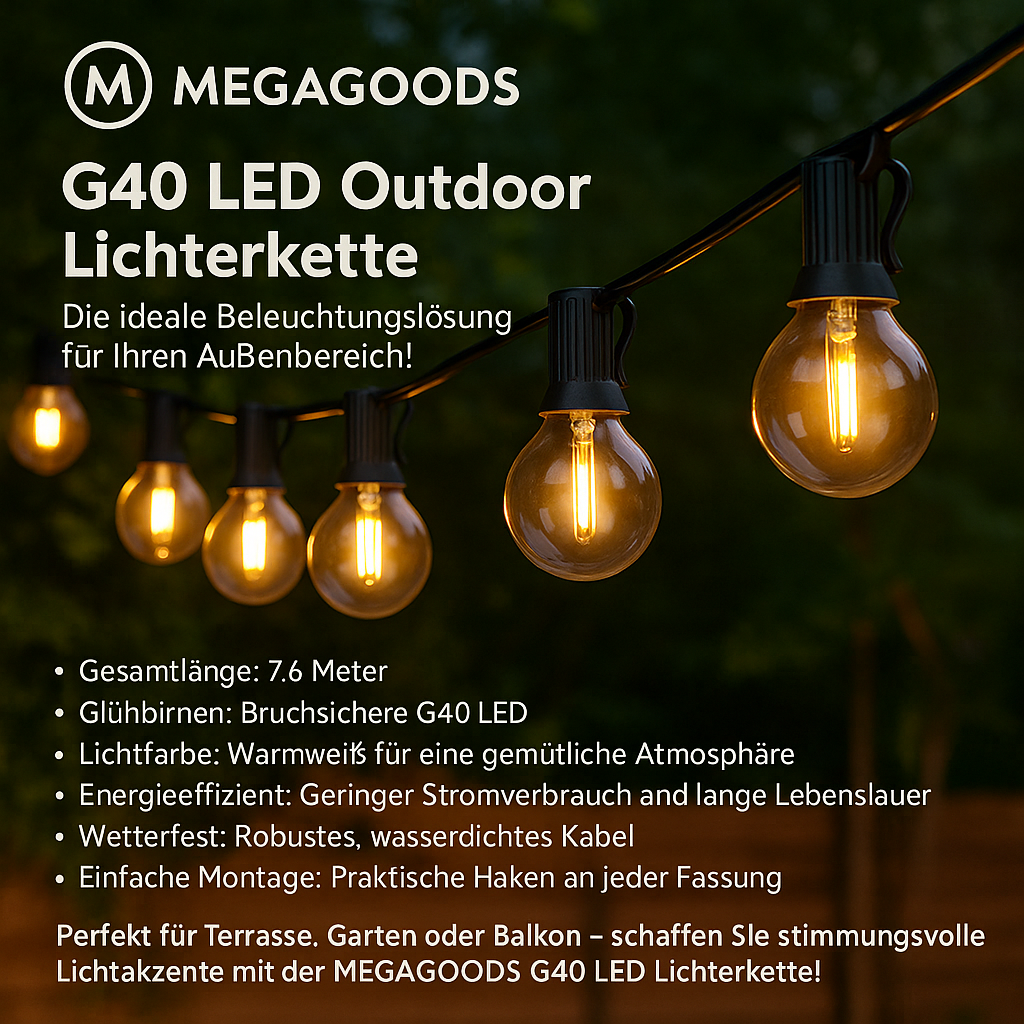 G40 LED Lichterkette 7,6M Außenbereich bruchsicher Garten Terrasse DE.