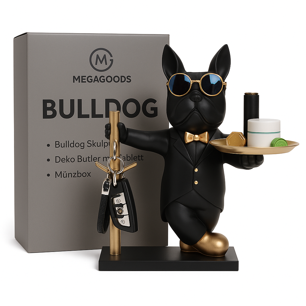 Bulldog Skulptur Deko Butler mit Tablett Münzbox Resin Nordic DE.