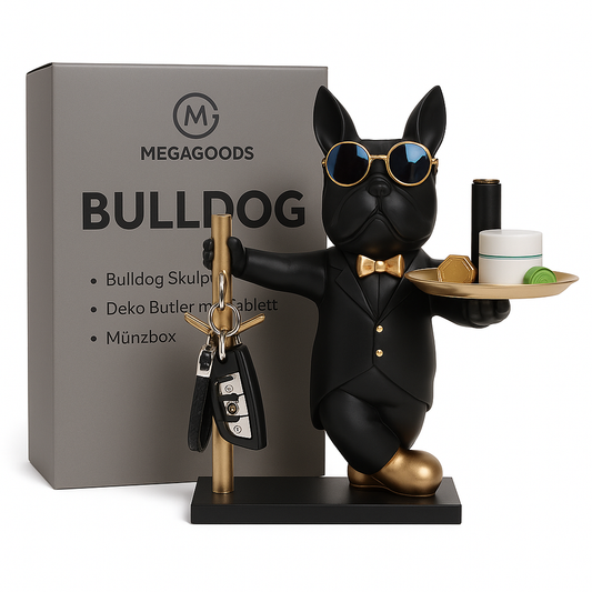 Bulldog Skulptur Deko Butler mit Tablett Münzbox Resin Nordic DE.