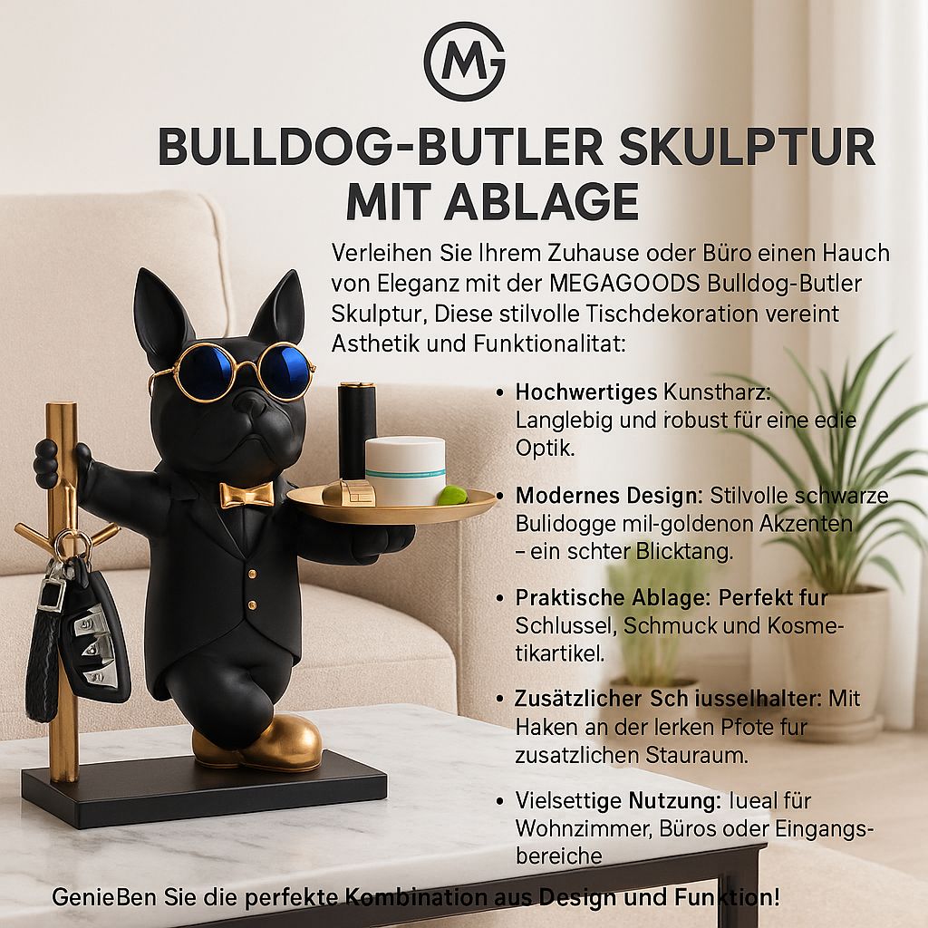 Bulldog Skulptur Deko Butler mit Tablett Münzbox Resin Nordic DE.