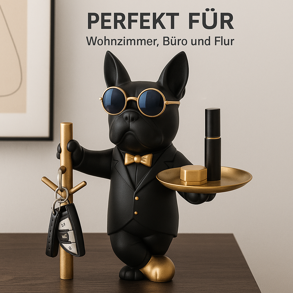 Bulldog Skulptur Deko Butler mit Tablett Münzbox Resin Nordic DE.