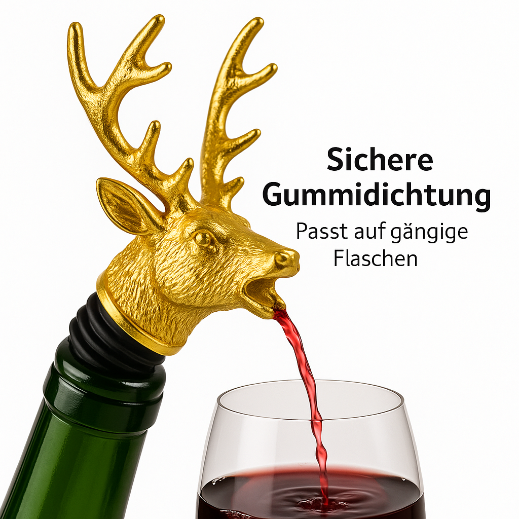 Weinausgießer und Flaschenverschluss Hirschkopf Zinklegierung DE.