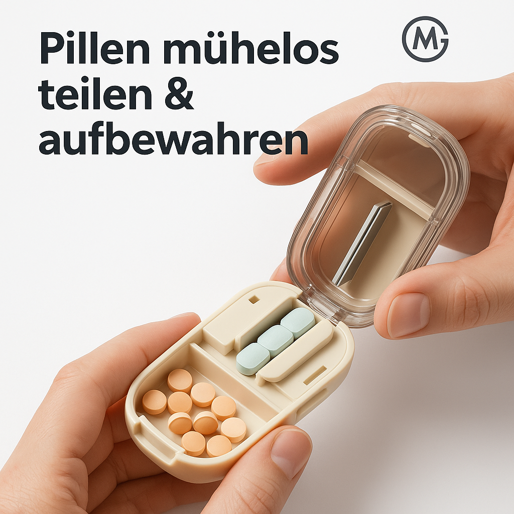 Tablettenzerteiler mit Fach, tragbar und staubdicht, Pillenschneider DE.