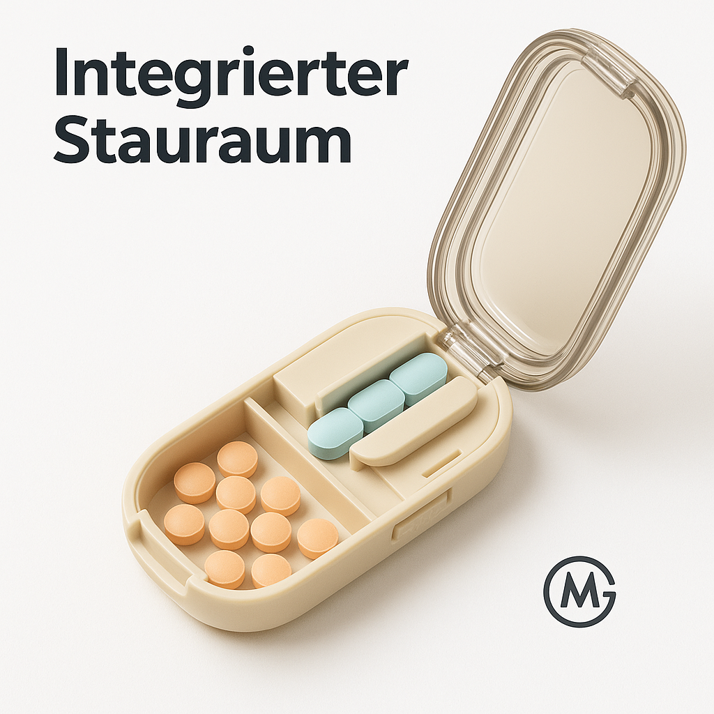 Tablettenzerteiler mit Fach, tragbar und staubdicht, Pillenschneider DE.