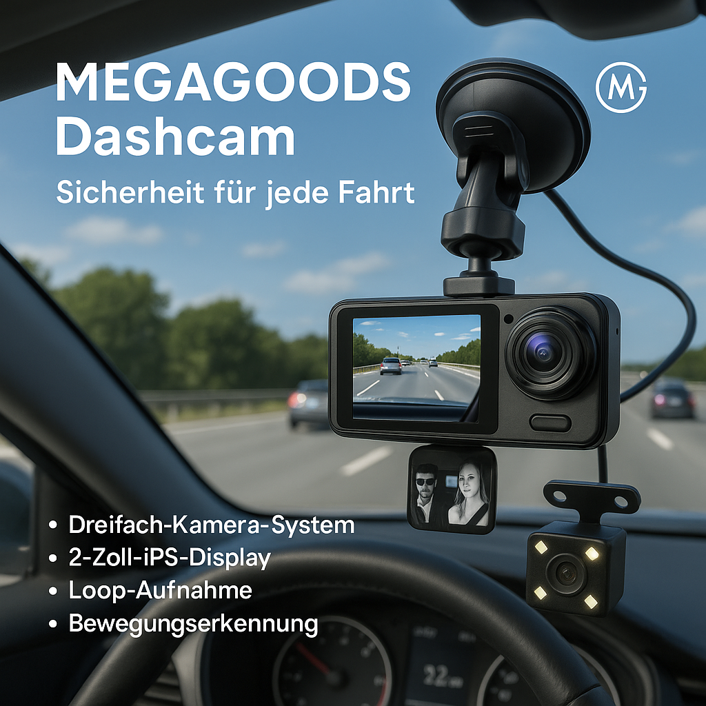 Dashcam 1080P mit IR-Nachtsicht 3 Kameras Loop Aufnahme 2" IPS DE.