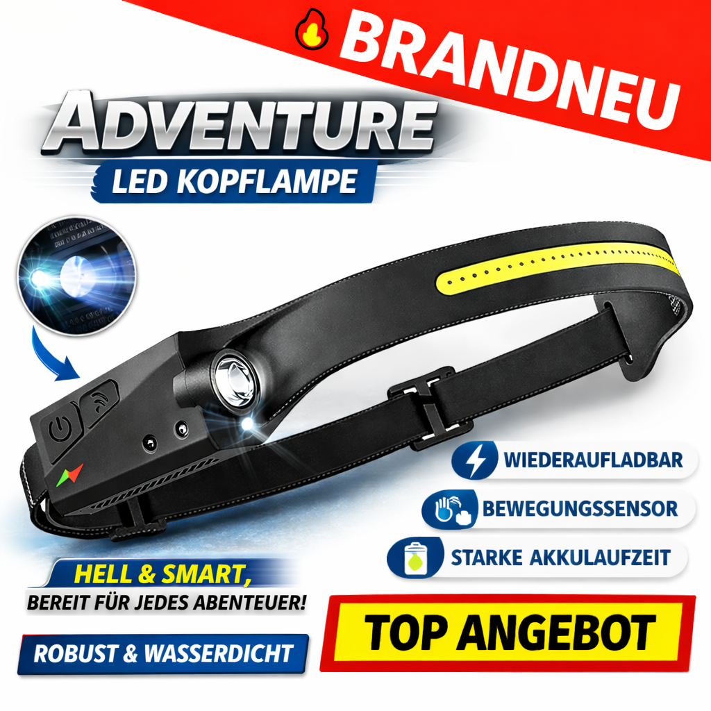 ADVENTURE™ Stirnlampe LED Kopflampe Wiederaufladbar Bewegungssensor Akku Light