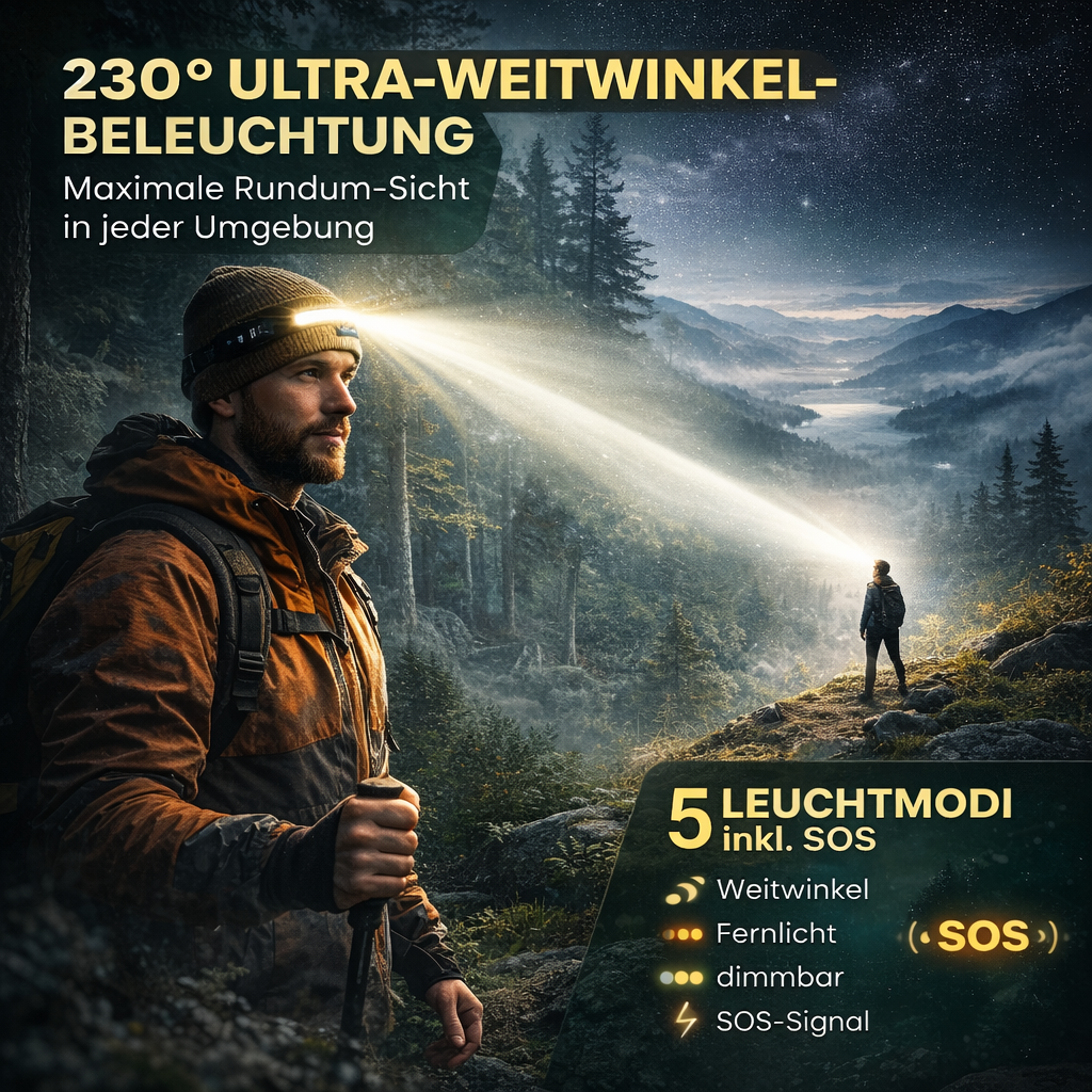 ADVENTURE™ PRO Stirnlampe LED Kopflampe Bewegungssensor Rotlicht Light