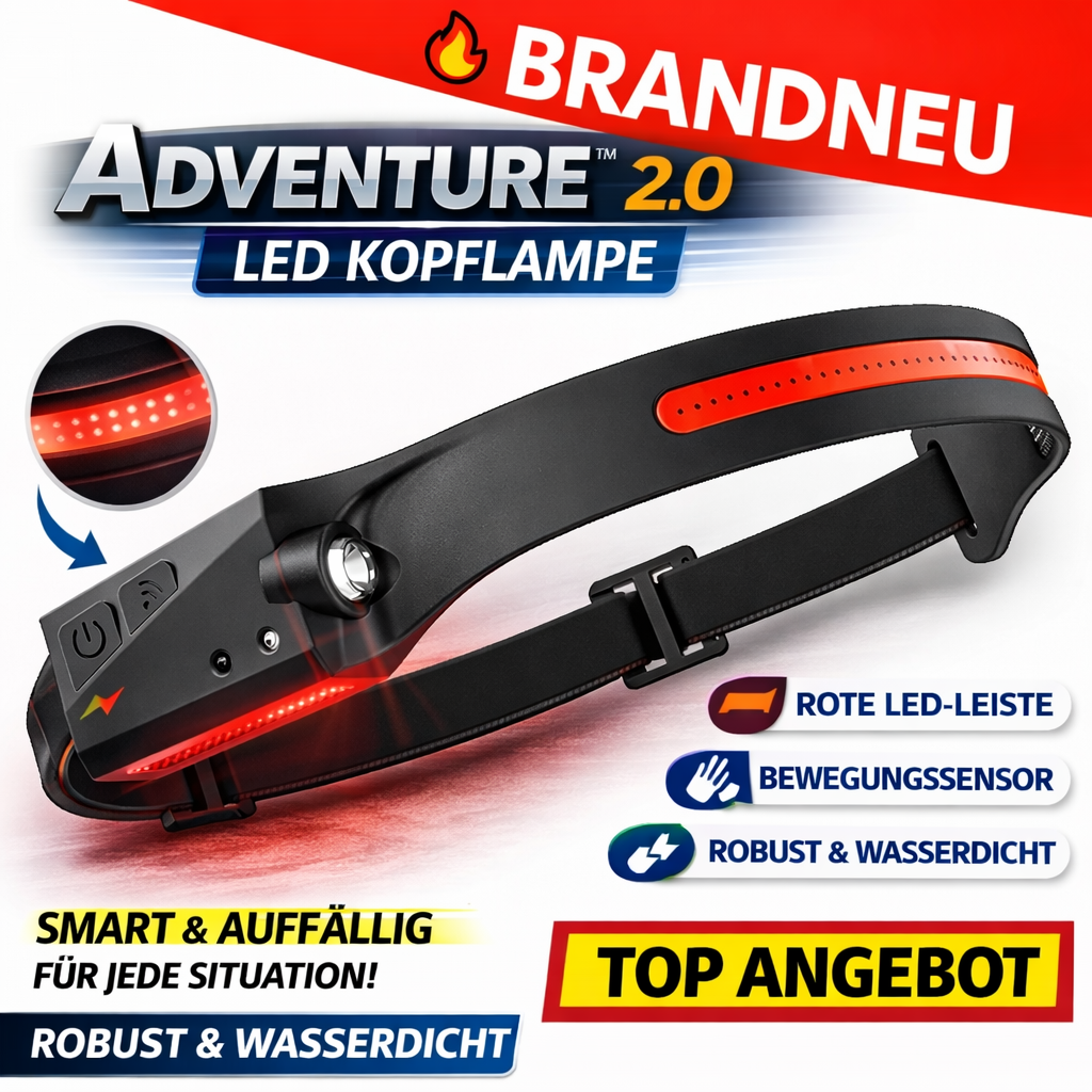 ADVENTURE™ 2.0 Stirnlampe LED Kopflampe Light Bewegungssensor mit Rotlicht!