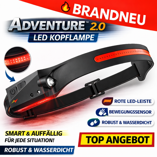 ADVENTURE™ 2.0 Stirnlampe LED Kopflampe Light Bewegungssensor mit Rotlicht!