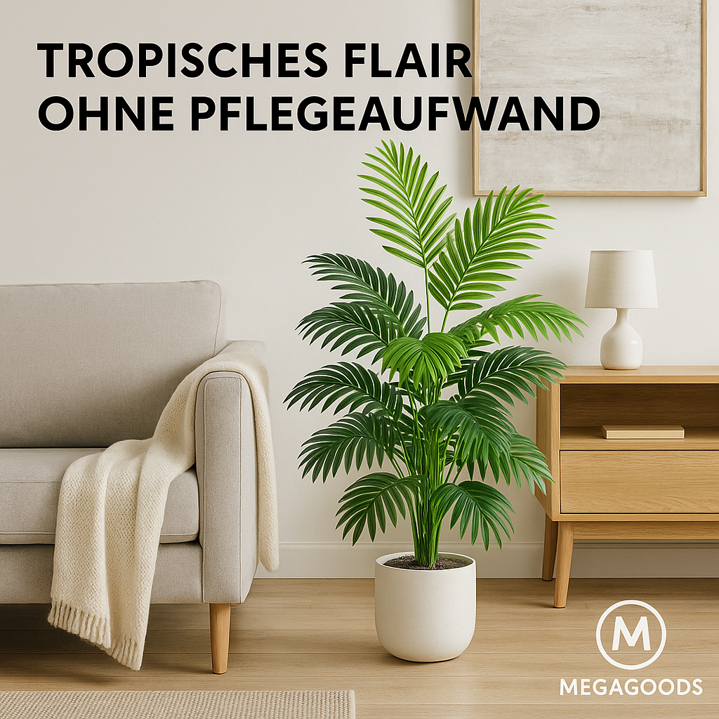 Kunstpalme 120 cm groß mit Monstera Zweigen für Deko Garten DE.