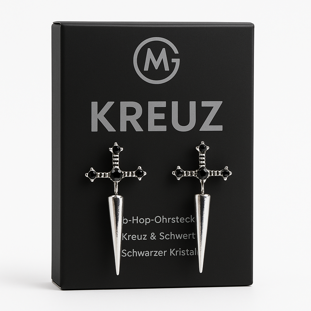 Hip-Hop Ohrstecker Damen Kreuz Schwert Schwarz Kristall Silber Set DE.