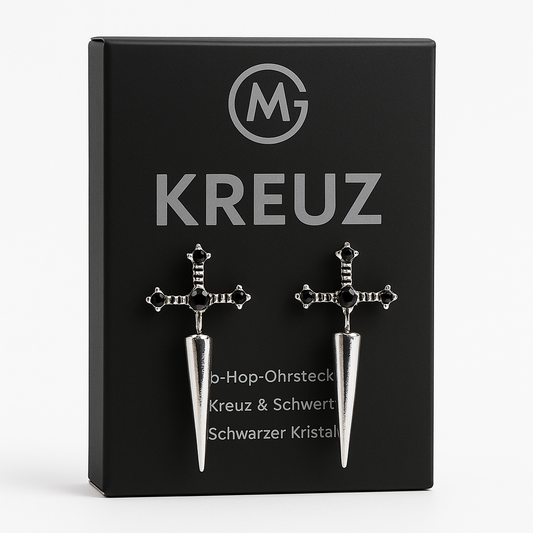 Hip-Hop Ohrstecker Damen Kreuz Schwert Schwarz Kristall Silber Set DE.