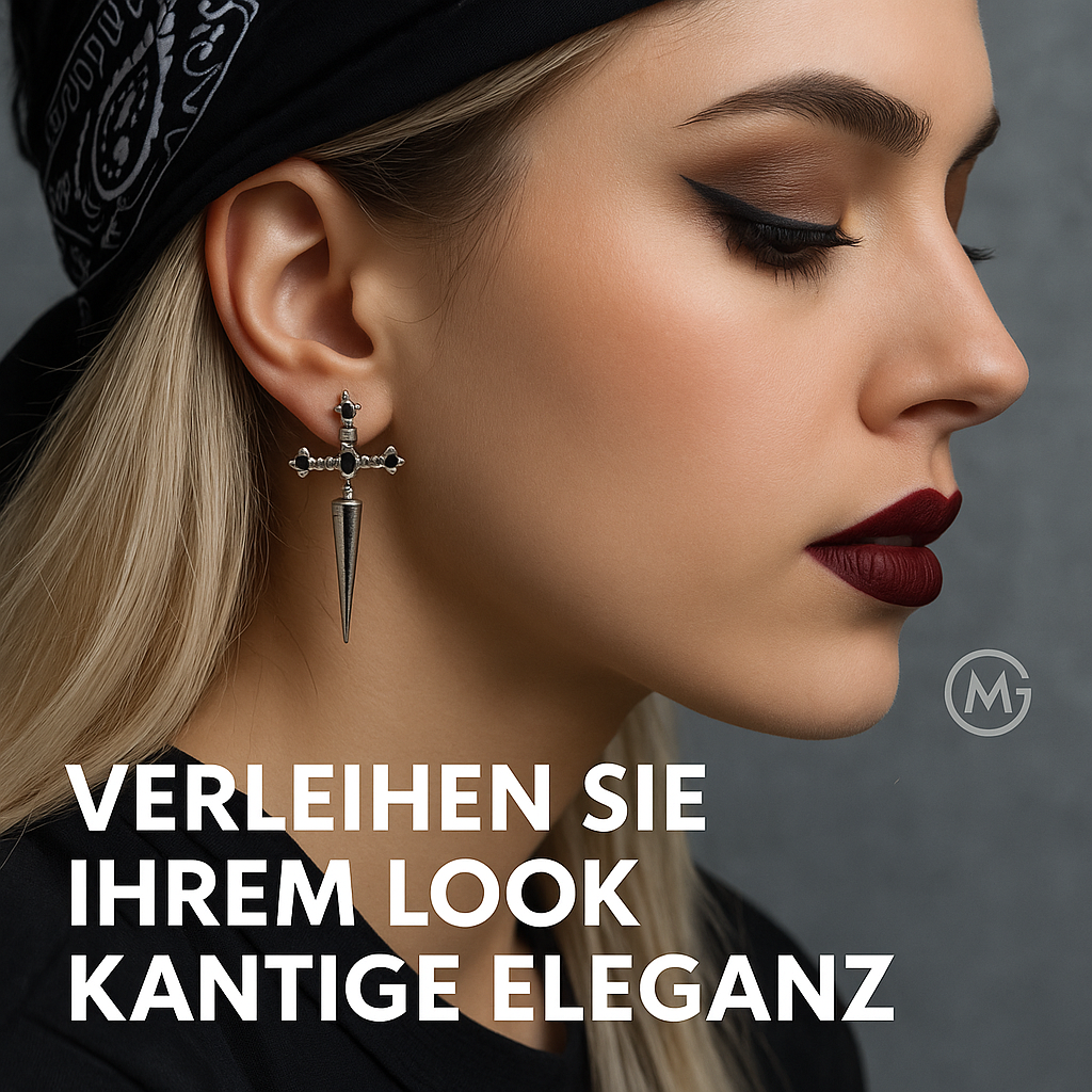 Hip-Hop Ohrstecker Damen Kreuz Schwert Schwarz Kristall Silber Set DE.