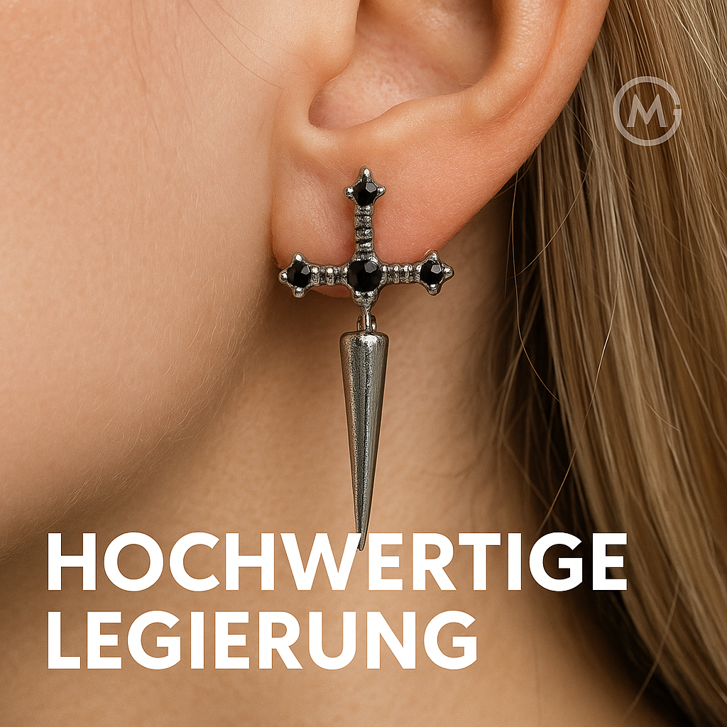 Hip-Hop Ohrstecker Damen Kreuz Schwert Schwarz Kristall Silber Set DE.