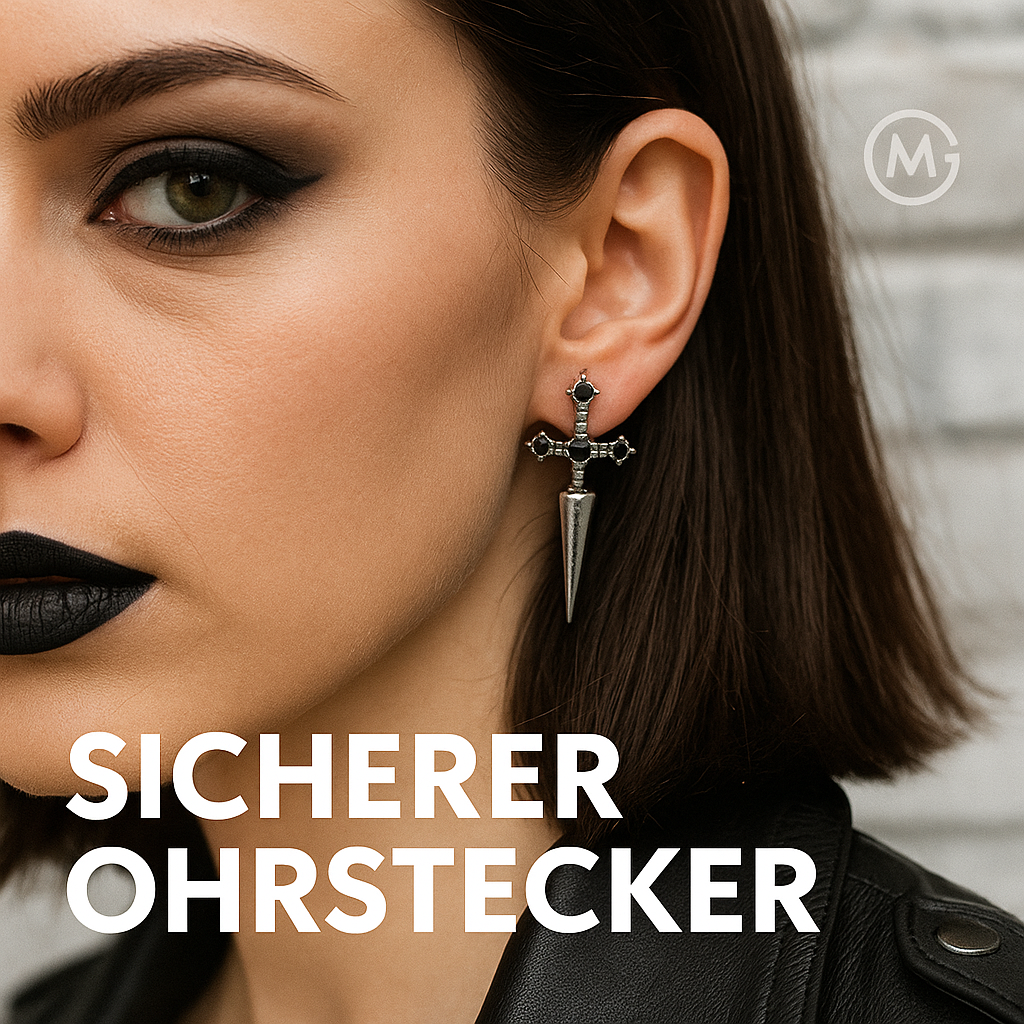 Hip-Hop Ohrstecker Damen Kreuz Schwert Schwarz Kristall Silber Set DE.