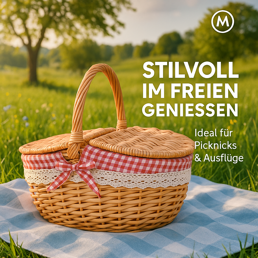 Picknickkorb mit Deckel Griff handgefertigt Weide Outdoor Körbchen DE.