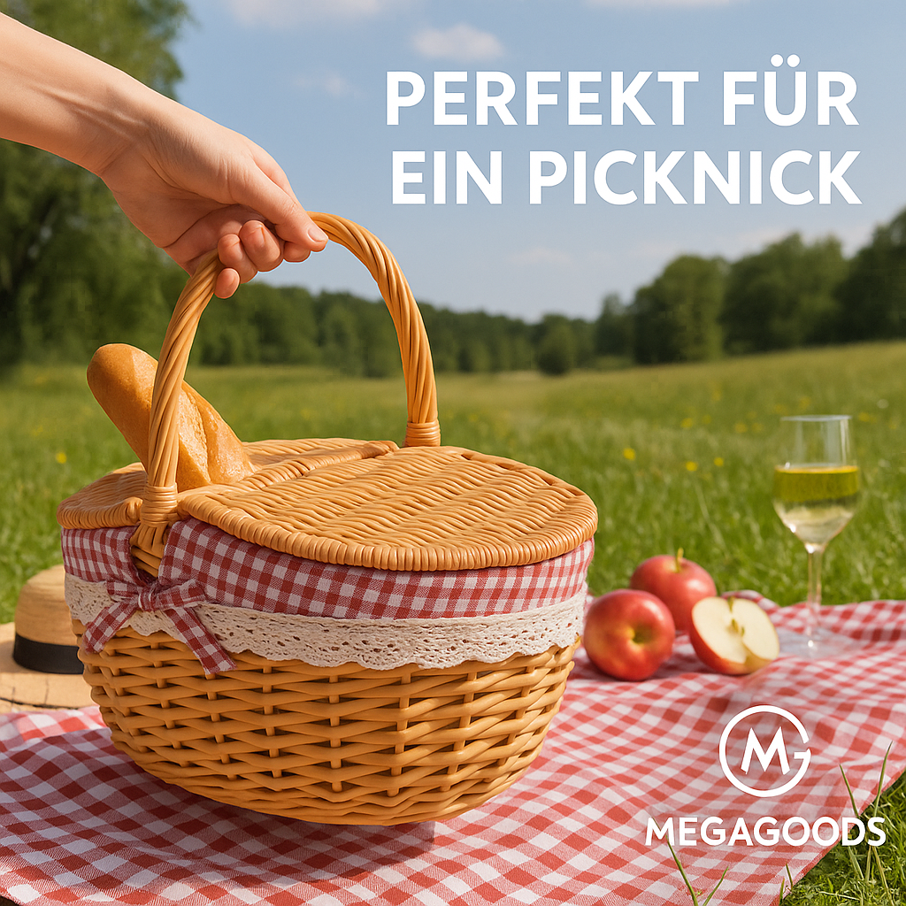 Picknickkorb mit Deckel Griff handgefertigt Weide Outdoor Körbchen DE.