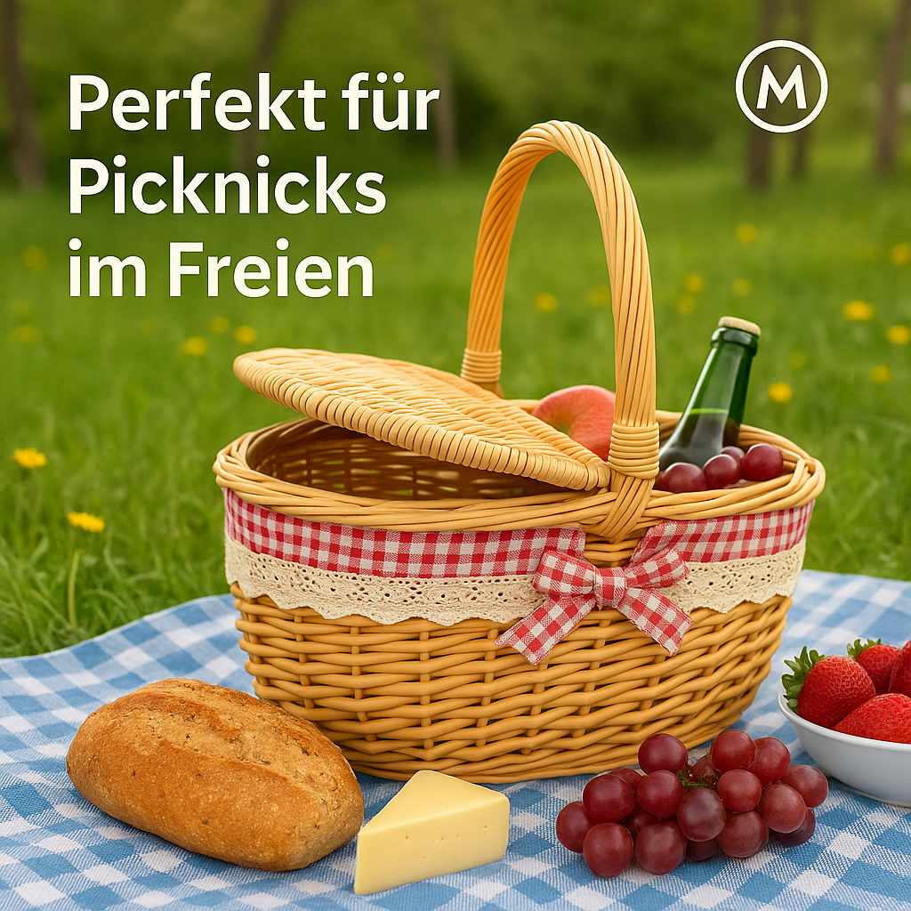 Picknickkorb mit Deckel Griff handgefertigt Weide Outdoor Körbchen DE.