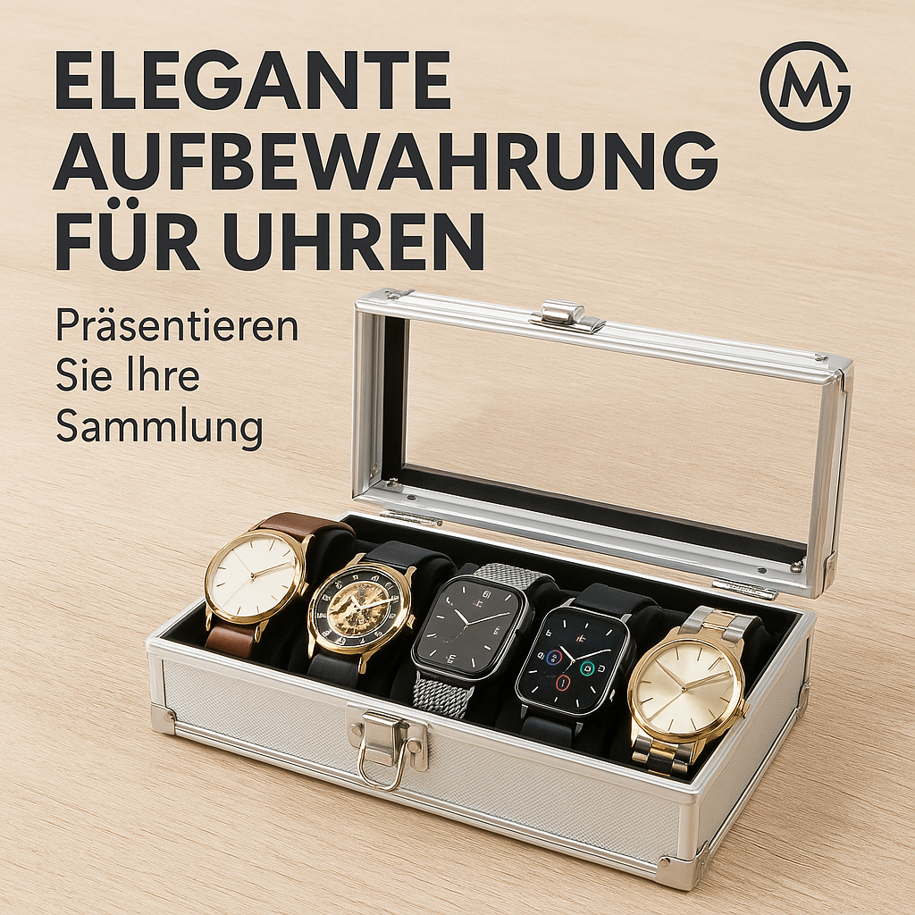 Aluminium Uhrenbox 6 Fächer Aufbewahrung Schmuck Display DE.