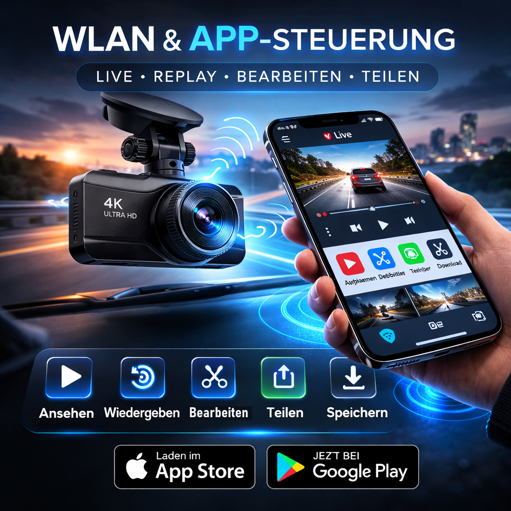 Oryzom™ 4K Dashcam Vorne & Hinten Wifi Nachtsicht Parküberwachung G-Sensor 170°