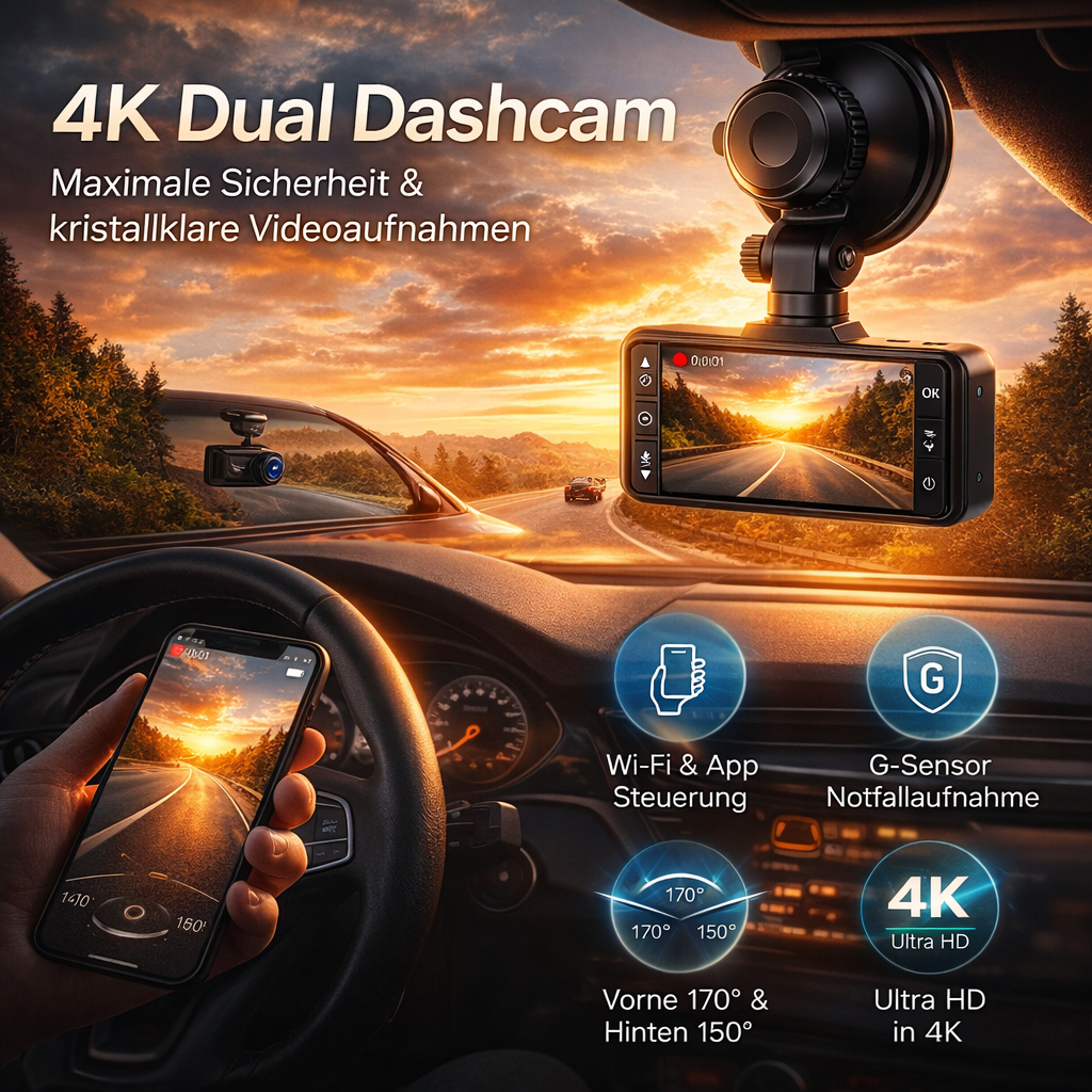 Oryzom™ 4K Dashcam Vorne & Hinten Wifi Nachtsicht Parküberwachung G-Sensor 170°