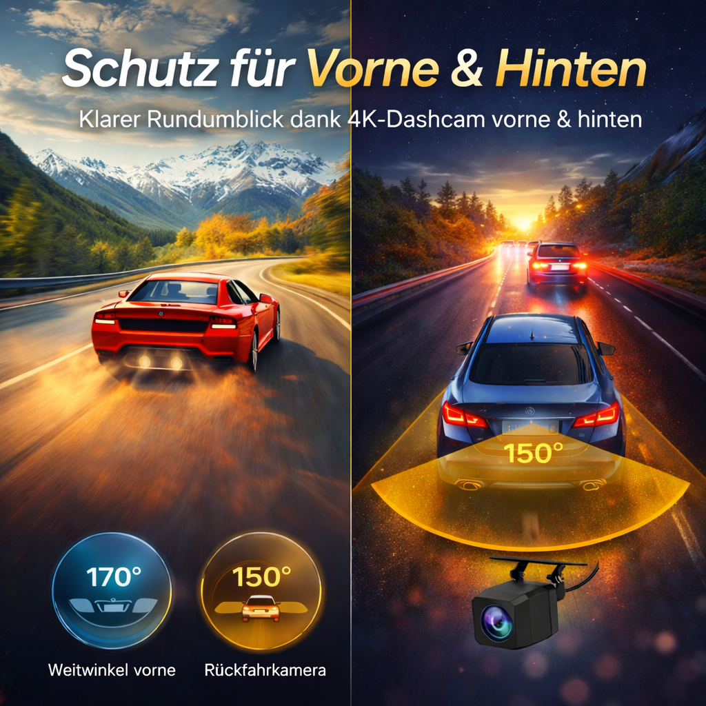 Oryzom™ 4K Dashcam Vorne & Hinten Wifi Nachtsicht Parküberwachung G-Sensor 170°