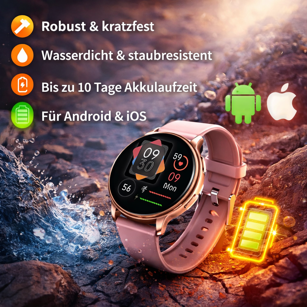 LUNA™ Smartwatch Fitnessuhr Damen mit Puls & Aktivitätstracker für Android & iOS
