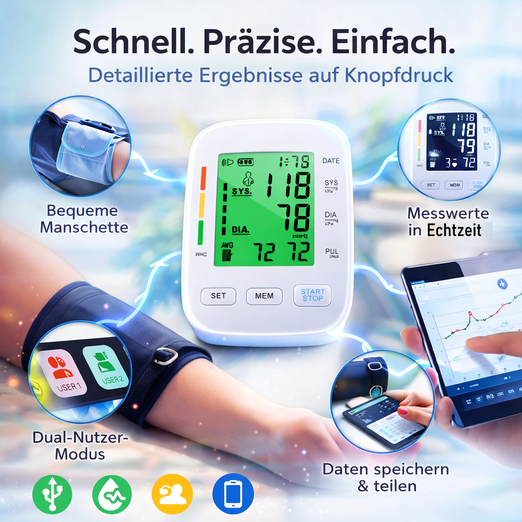 Oryzom™ Blutdruckmessgerät V8 Pro – Vollautomatische & Präzise Oberarm Messung
