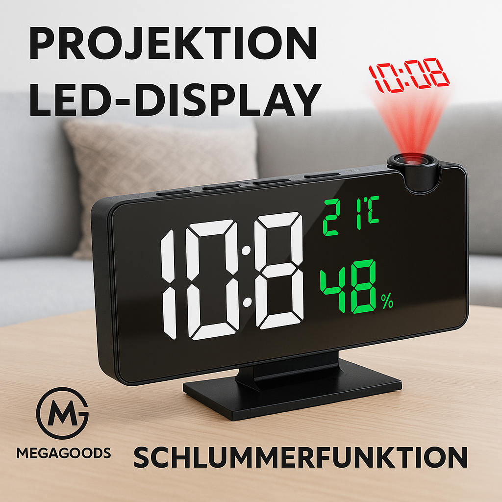 LED Projektionswecker mit Temperaturanzeige und Snooze DE.