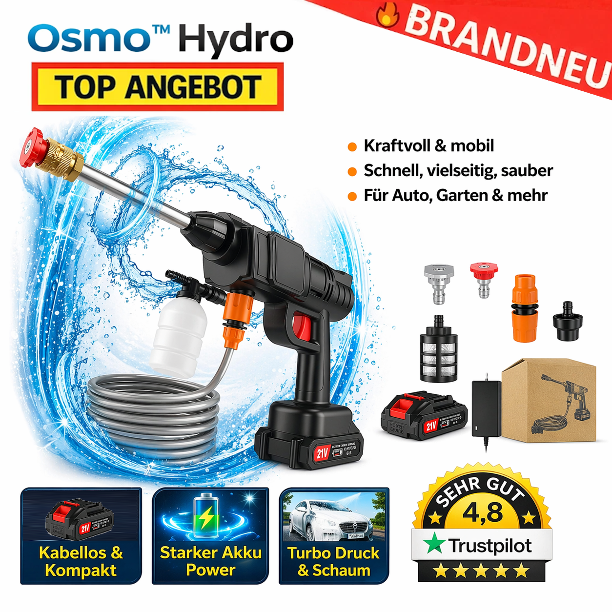 Osmo™ Hydro Akku Hochdruckreiniger Auto Druckreiniger Turbo Spritzpistole Pro