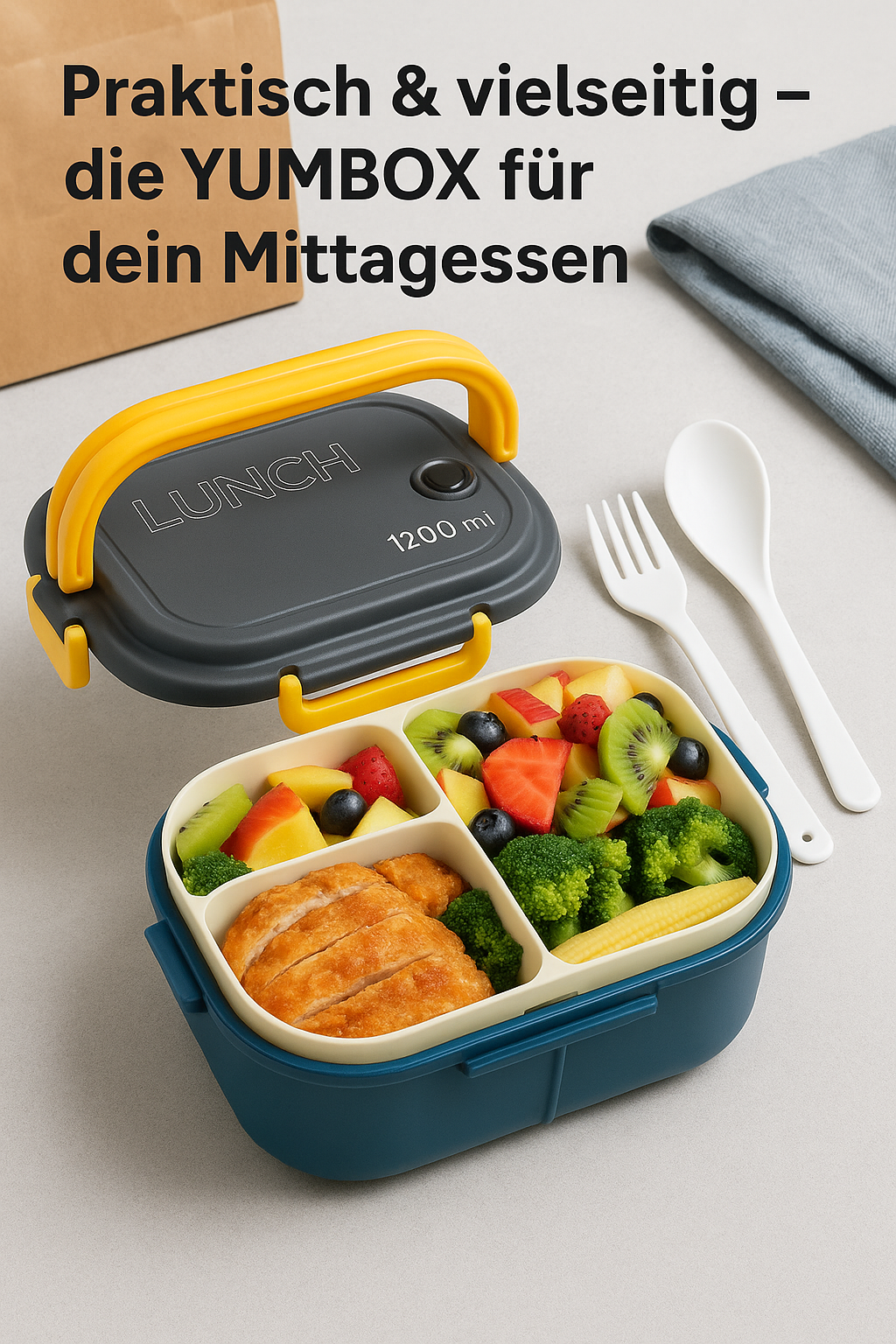 Lunchbox 2-lagig auslaufsicher mit Besteck mikrowellengeeignet DE.