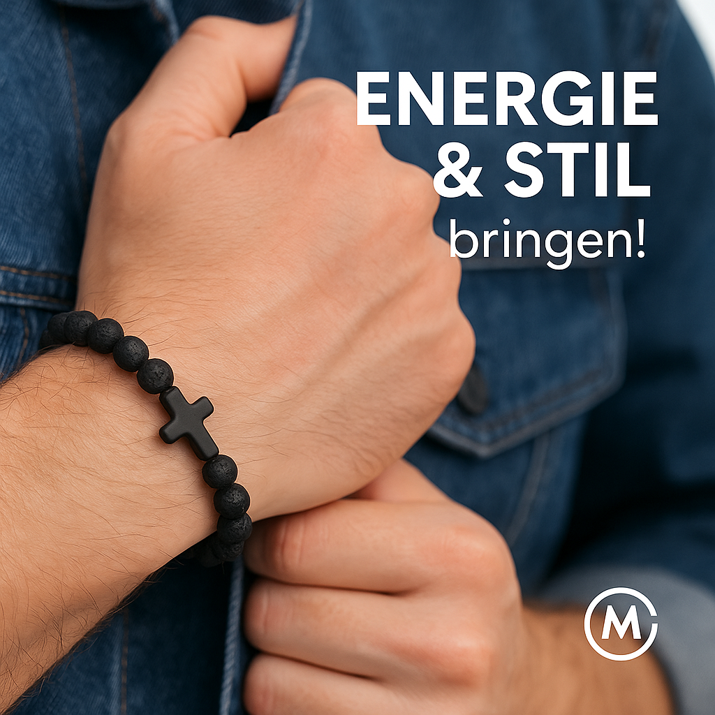 Naturstein Holzperlen Armband mit Hämatit Kreuz Onyx Yoga DE.